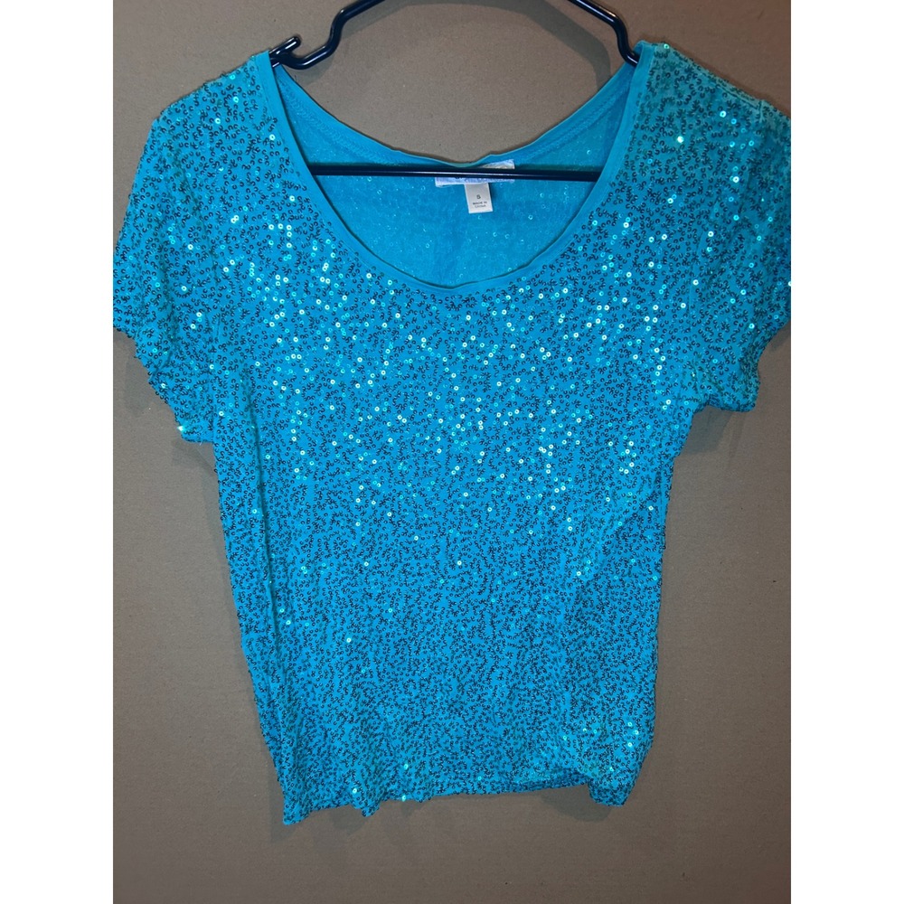 Dressbarn Sequin Top Womens Size S Turquoise Blue Excellent Condition Glam Party